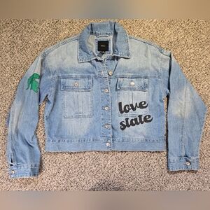 Forever 21 Custom MSU Blue Denim Jacket Size Medium Womens STATE Go Green EUC